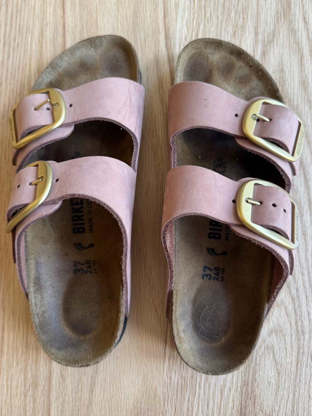 Birkenstock Pink Two-Strap Sandals with Gold Buckles